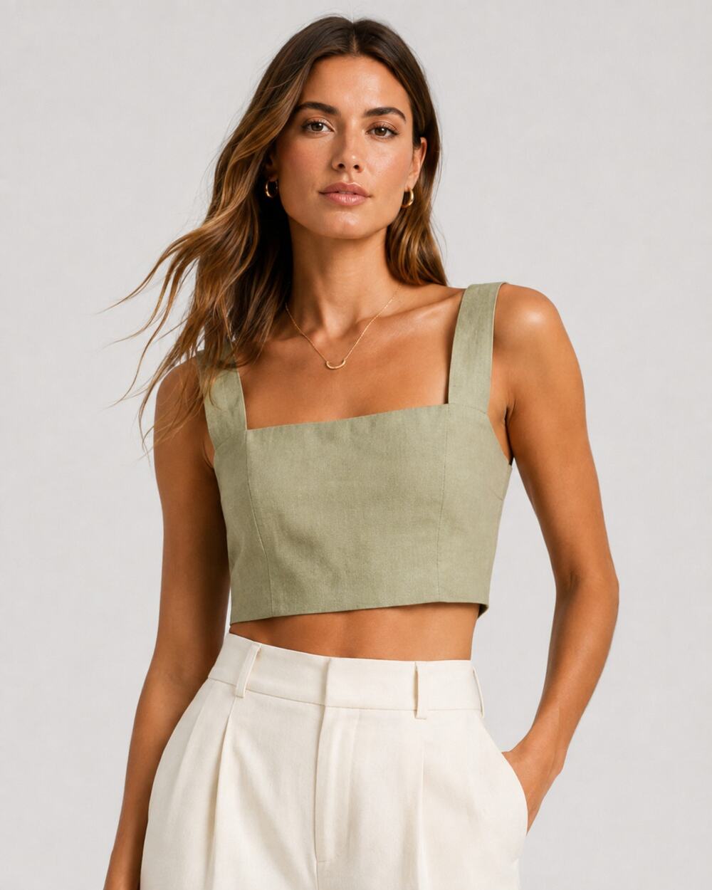 All That Remains Linen Crop Tank Top Sage Green Size 8